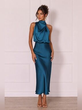 Petal & Pup Anabelle Halter Neck Midi Dress, Teal, Formal, Cocktail, Wedding